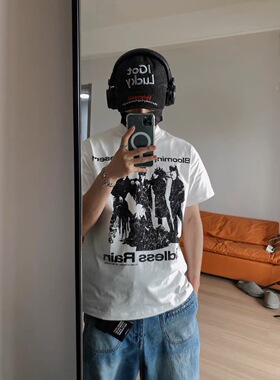 TSAOOJ 无尽的雨复古人像剪影短袖重磅320g纯棉cleanfit半袖T恤男