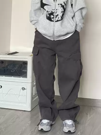 American High Street Multi-Pocket Cargo Pants for Men 2023 New Loose Straight Wide-Leg Drawstring Casual Pants Long Pants Trendy