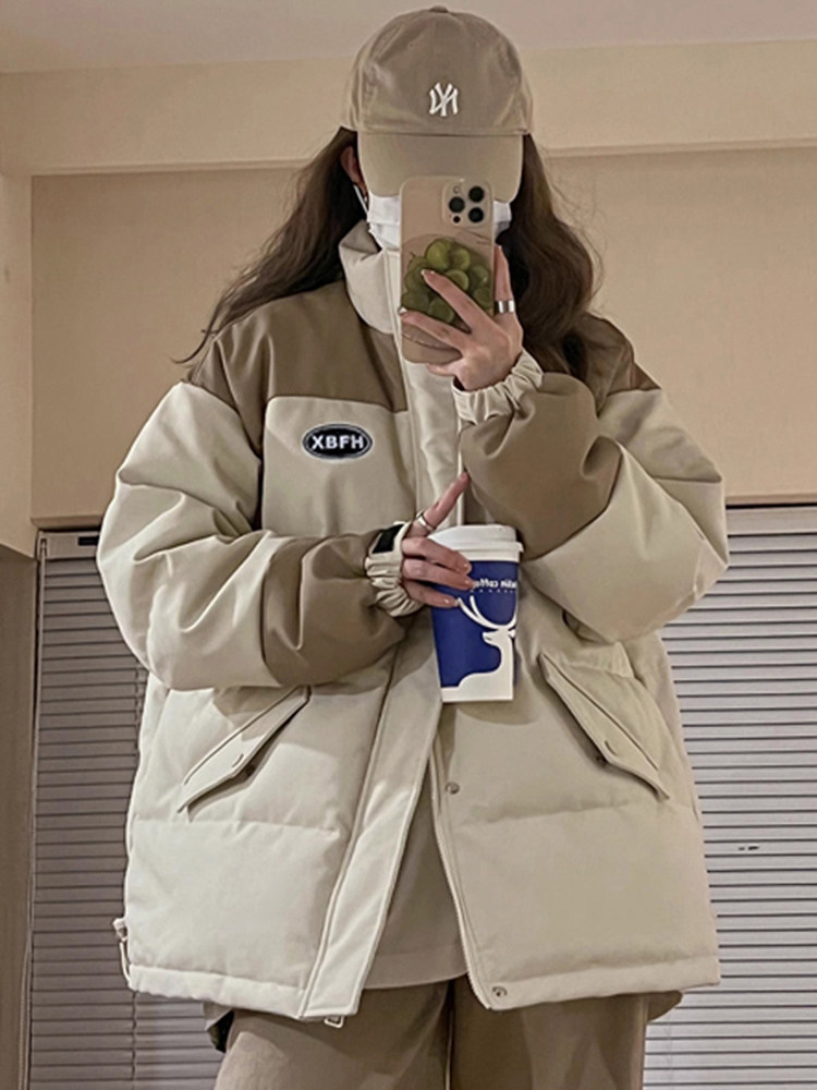 American retro color-block down jacket, new 2025 winter loose style, suitable for students and petite figures, trendy padded coat