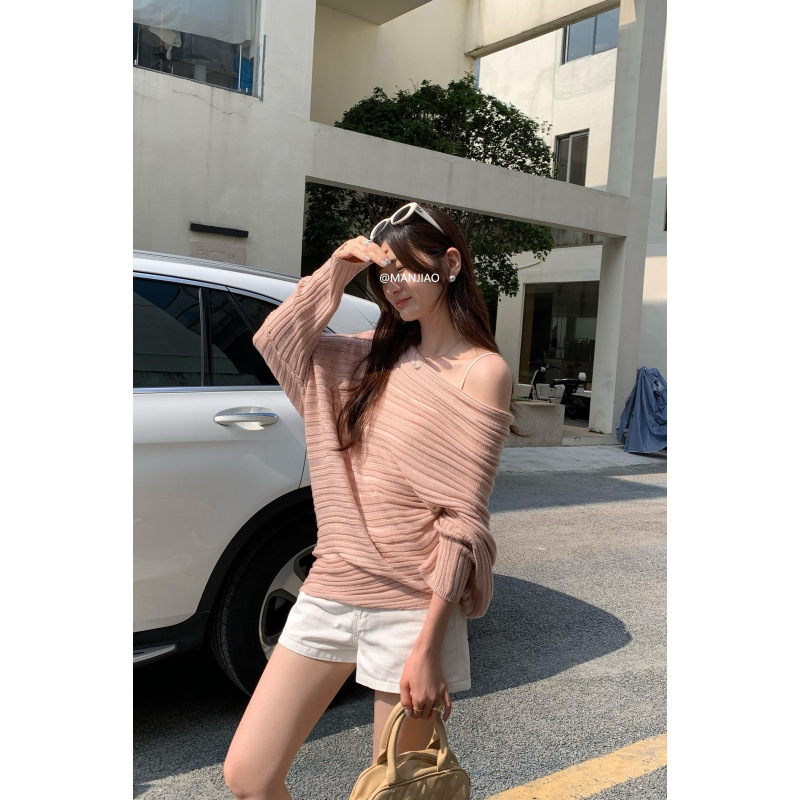 欧货慵懒风斜肩长袖针织衫女2025新款早秋镂空高级感露肩上衣