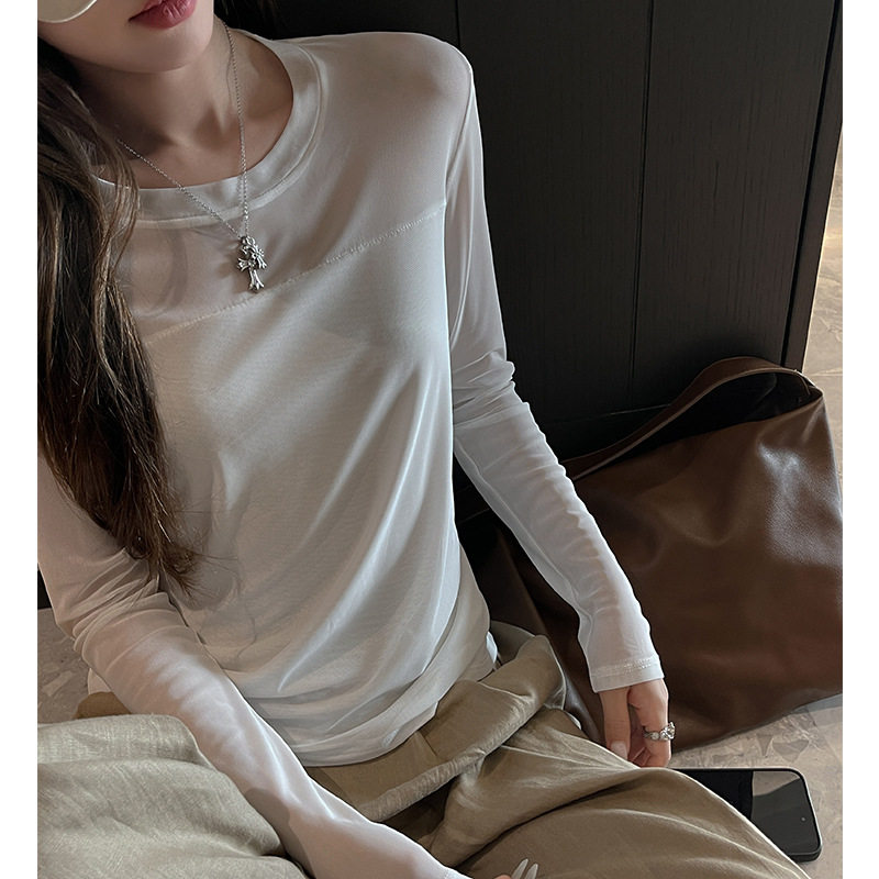 秋冬季白色网纱长袖打底衫女内搭圆领韩系高级感正肩时尚洋气t恤