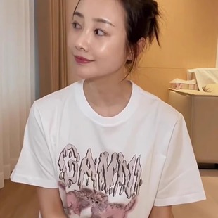 T恤女宽松百搭上衣女ins潮 李春同款 2025新款 夏季 白色兔子印花短袖