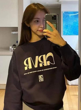 GROVE女车静媛同款红色发泡字母印花宽松圆领百搭上衣复古休闲