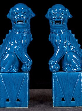 景德镇陶瓷蓝釉狮子现代家居装饰工艺品摆件博古架展示柜镇宅引财