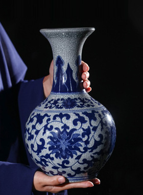 青花瓷花瓶景德镇陶瓷器花瓶仿官窑仿古董冰裂纹釉青花瓷家居摆件