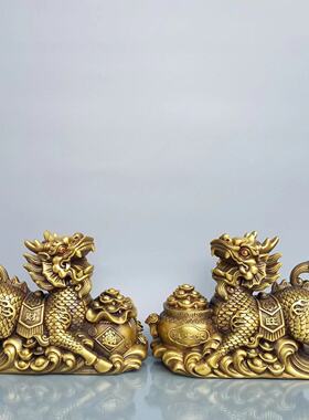 批发黄铜麒麟一对摆件黄铜聚宝盆麒麟摆件办公家居工艺品一件代发