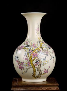 景德镇陶瓷器粉彩喜鹊花鸟花瓶家居客厅摆件中式办公室装饰工艺品