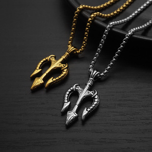 跨境欧美神话海神三叉戟吊坠复古朋克嘻哈男女钛钢项链潮人配饰