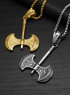 跨境吊坠项链钛钢双面战斧男饰品