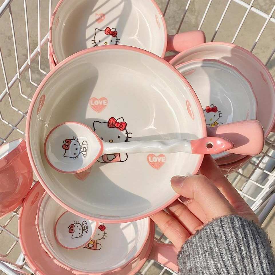 HelloKitty凯蒂猫手把碗釉下彩陶瓷餐具套餐KT猫手柄饭碗宿舍学生