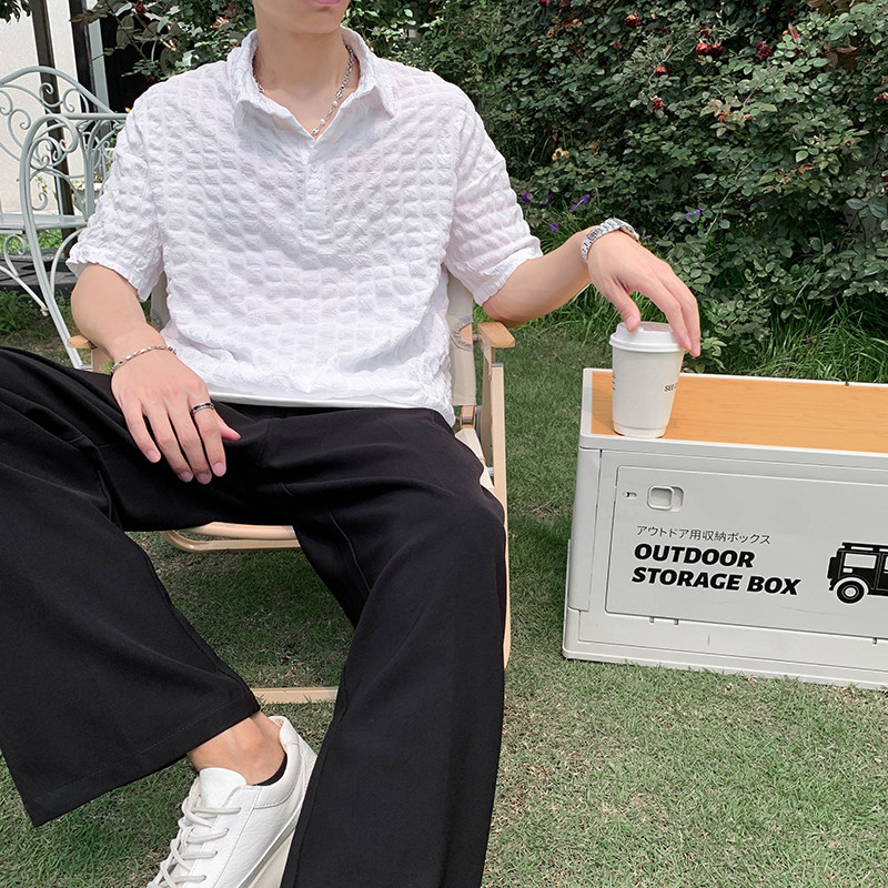 社会轻奢纯色立体格子套头半袖衬衫上衣B297-2315-P55控88,男装衬衫,电商B297