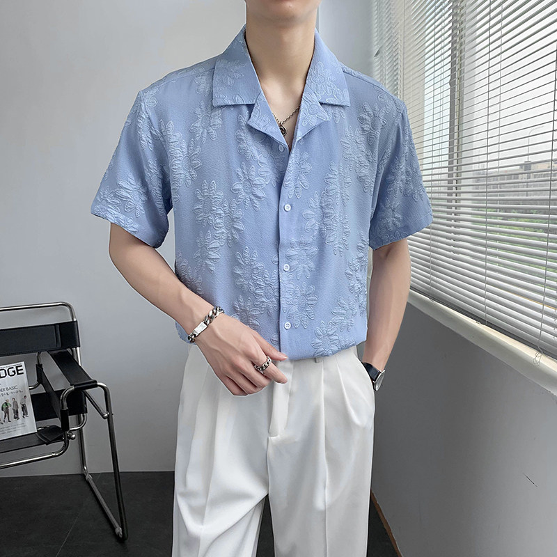 轻熟风纯色宽松碎花提花短袖休闲衬衫B297-7780-P58控78图片