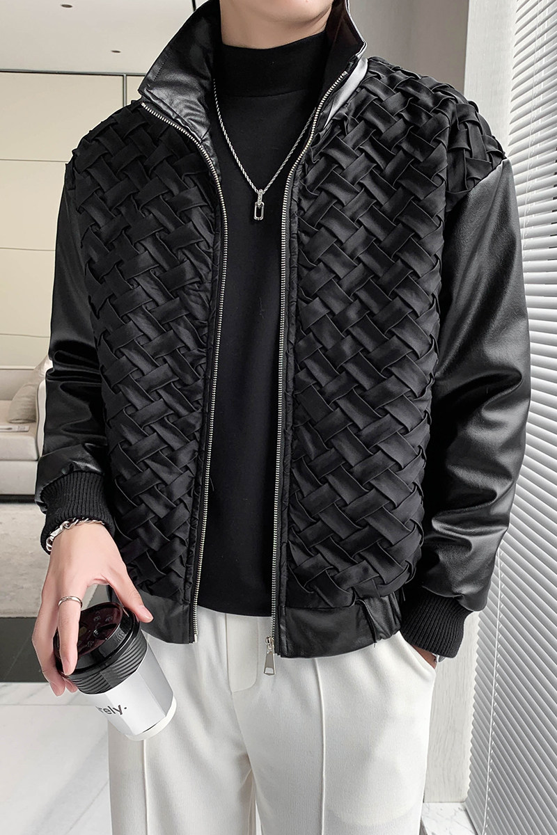 轻熟风冬季纯色编织PU皮拼接修身加衣B297-1813-P145控198,男装棉衣,电商B297