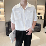 轻熟风纯色珠光口袋宽松痞帅短袖衬衫1B297-352-P55，男装衬衫，电商B297