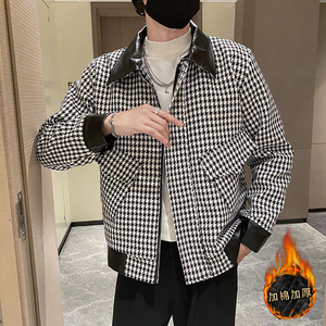 社会轻奢风冬季千鸟格PU皮拼接加修身衣B297-1809-P130控168图片