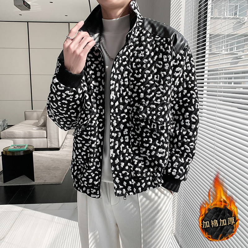 轻熟风冬季豹纹PU皮拼接加修身衣B297-1812-P138控178,男装棉衣,电商B297