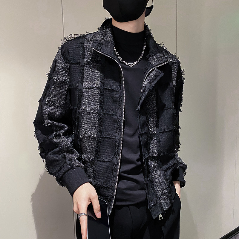 社会风格子拼接乞丐装拉链翻领修身夹克外套B297-7766-P115控158,男装夹克,电商B297
