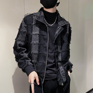 社会风格子拼接乞丐装拉链翻领修身夹克外套B297-7766-P115控158图片