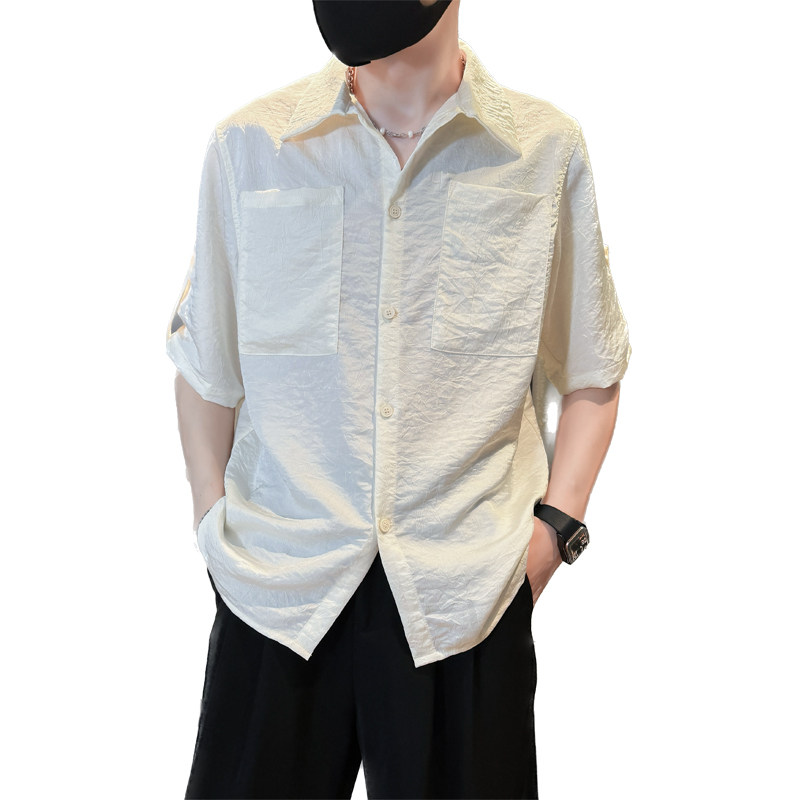 社会轻奢纯色珠光口袋宽松痞帅短袖衬衫6B297-352-P55,男装衬衫,电商B297