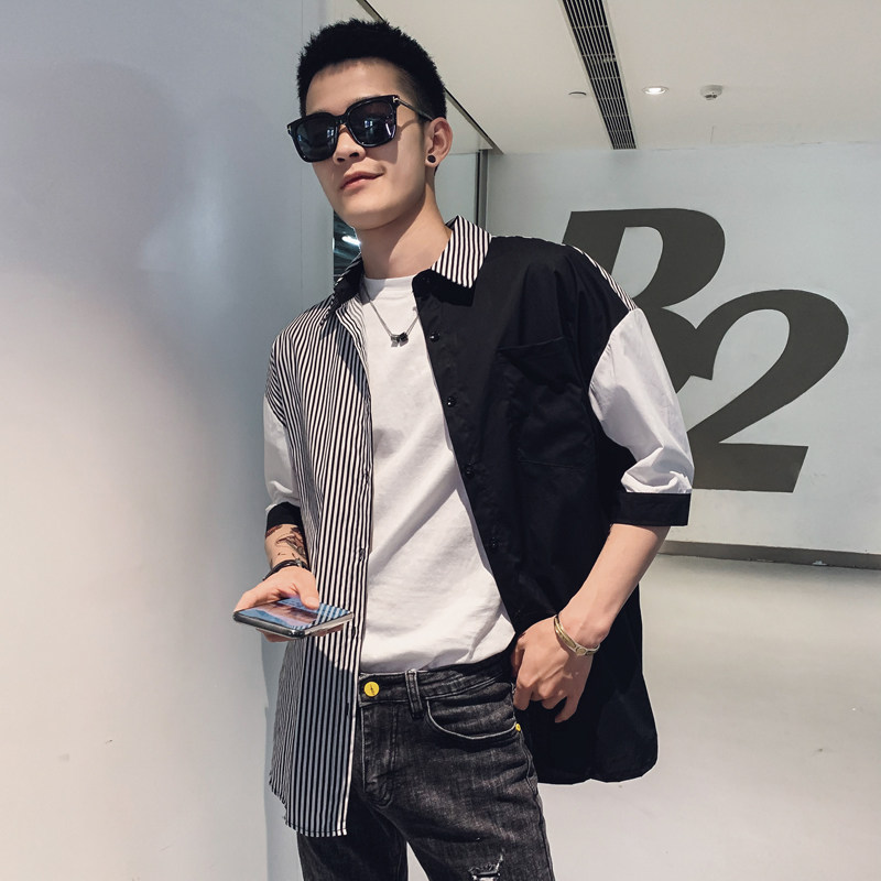 社会风条纹拼接落肩短袖衬衫防晒衣男B297-3925图片