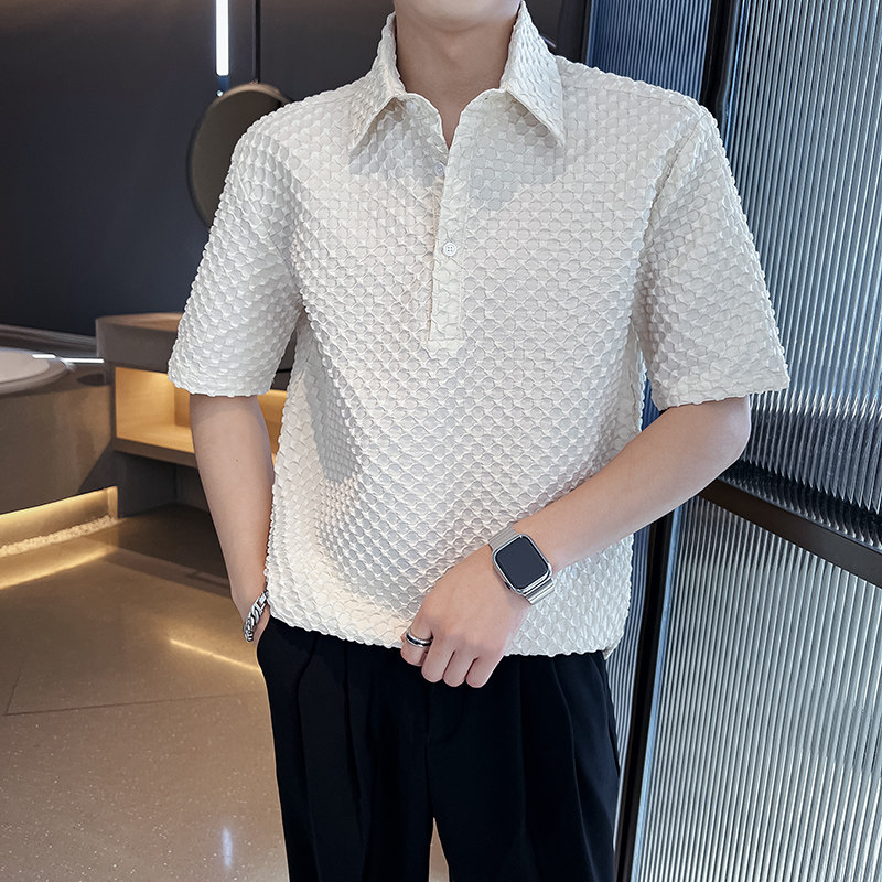 社会风纯色宽松套头格子短袖翻领POLO衫上衣B297-7781-P58控78图片