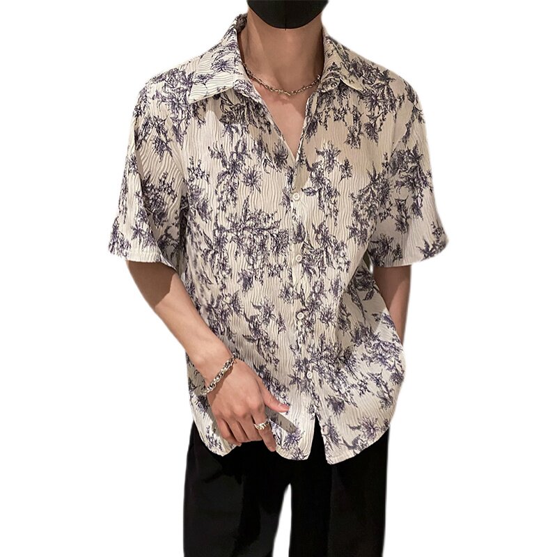 社会轻奢宽松碎花折皱花衬衫B297-2317-P55控88,男装衬衫,电商B297