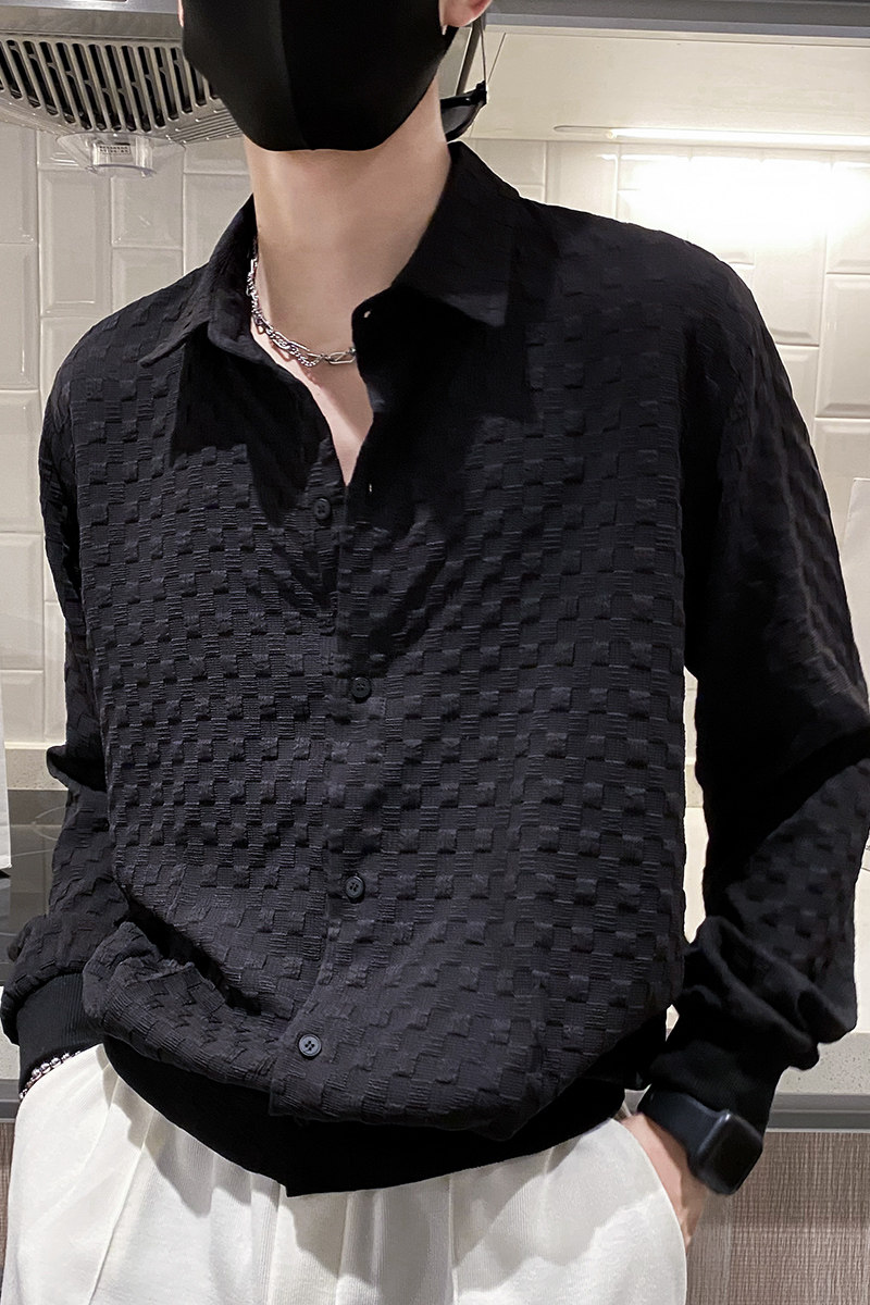 社会风纯色长袖春夏尖领宽松纽扣衬衫上衣B297-7771-P68控98,男装衬衫,电商B297