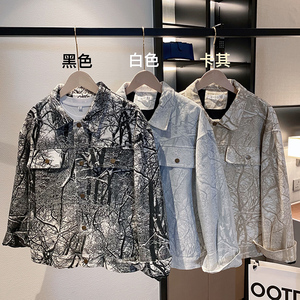 雅痞风春秋牛仔工装树枝印花夹克上衣B297-7750-P115控159图片