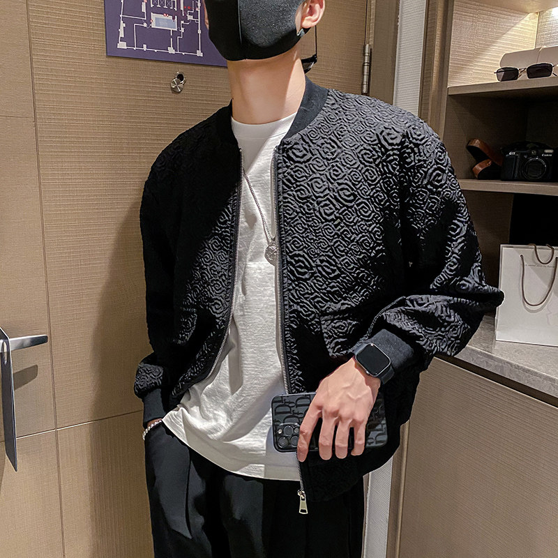 雅痞风春秋纯色立体花纹玫瑰棒球领夹克外套B297-7738-P110控149,男装夹克,电商B297