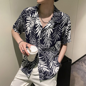 社会风碎花沙滩宽松竹叶短袖翻领花衬衫上衣B297-2202-P53控78图片