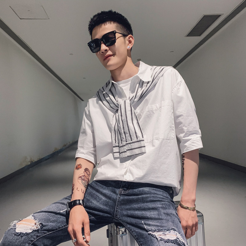 社会风现货纯色条纹活动披肩中袖套头衬衫上衣B297-3921-P65控88图片