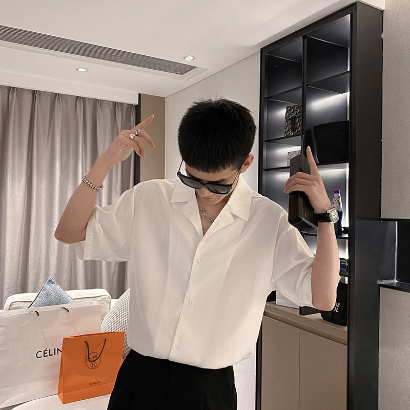 社会风纯色半袖宽松西装领休闲衬衫潮男B297-7730-P58控78,男装衬衫,电商B297