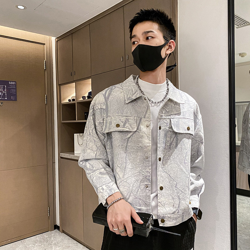 社会风工装树枝印花宽松牛仔夹克外套B297-7750-P115控159,男装夹克,电商B297