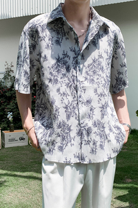 社会轻奢宽松半袖碎花折皱衬衫上衣B297-2317-P55控88图片