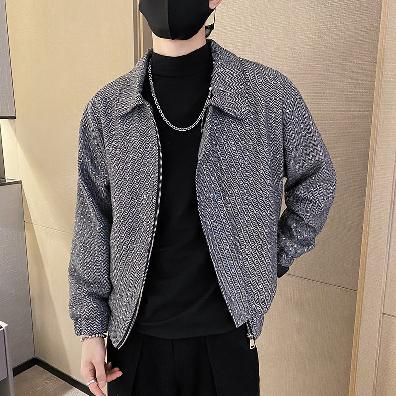 雅痞风春秋亮片人字休闲翻领夹克外套B297-7762-P110控148,男装夹克,电商B297