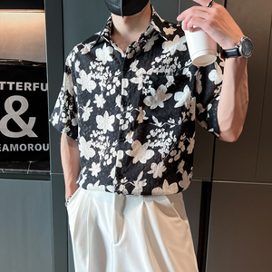 雅痞风短袖流行宽松休闲尖领花衬衫上衣B297-7782-P58控78图片