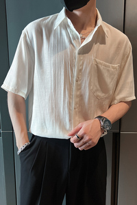 社会轻奢青春纯色宽松短袖休闲尖领痞帅衬衫B297-7787-P58控78图片
