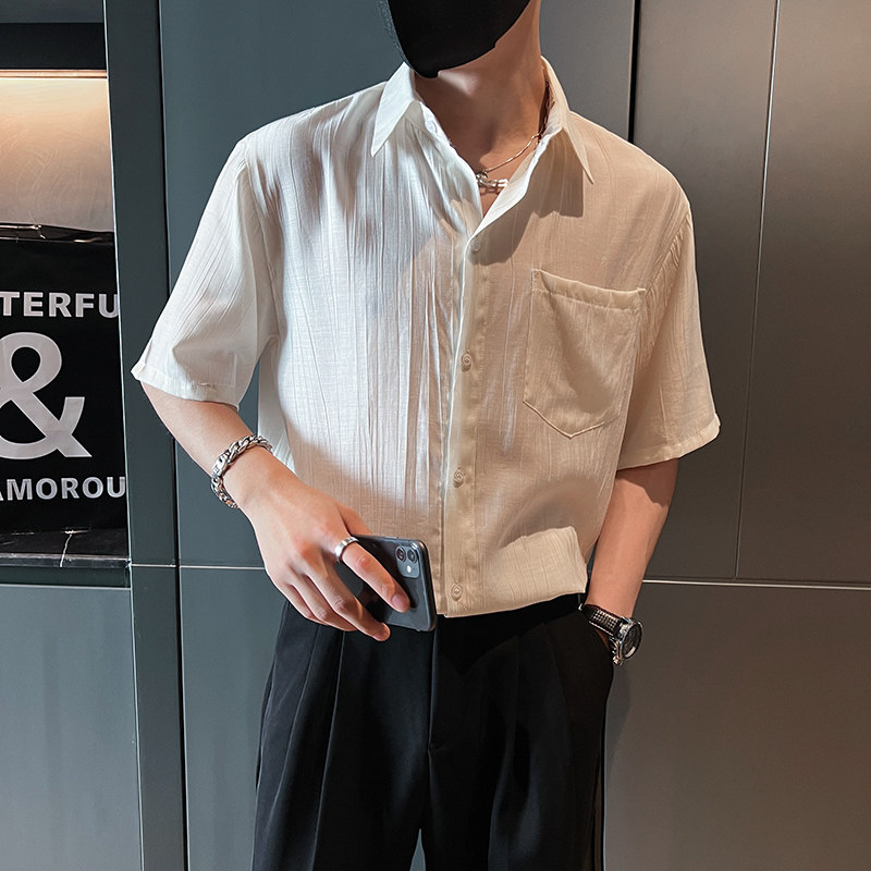 雅痞风青春纯色宽松短袖休闲尖领衬衫B297-7787-P58控78图片