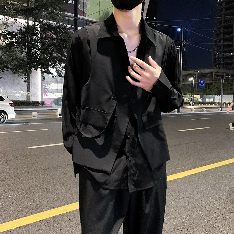 社会轻奢纯色假两件绸缎质感马甲两件套装B297-291-P115控158图片