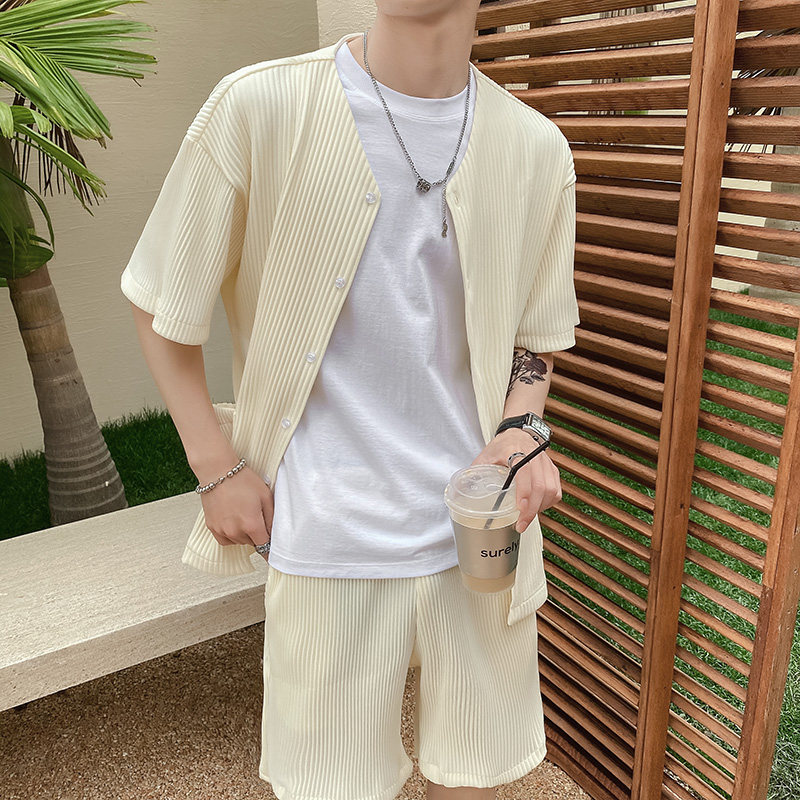 社会风夏纯色竖条纹立体无量两件套装痞帅B297-7728-P120控158，男装休闲套装，电商B297