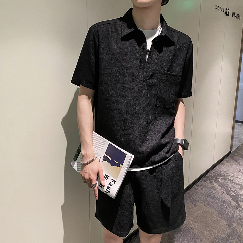 社会轻奢纯色宽松翻领夏季两件套装潮牌B297-7778-特P90控148,男装休闲套装,电商B297