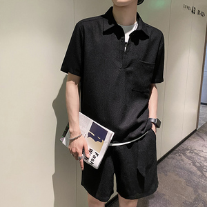 社会轻奢纯色宽松翻领夏季两件套装潮牌B297-7778-特P90控148图片