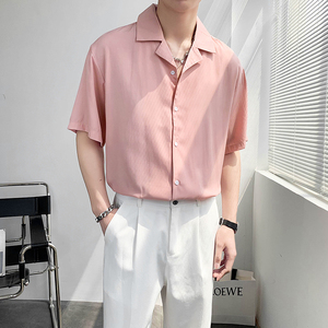 轻熟风宽松西装领纯色短袖休闲衬衫潮男B297-7730-P58控78图片