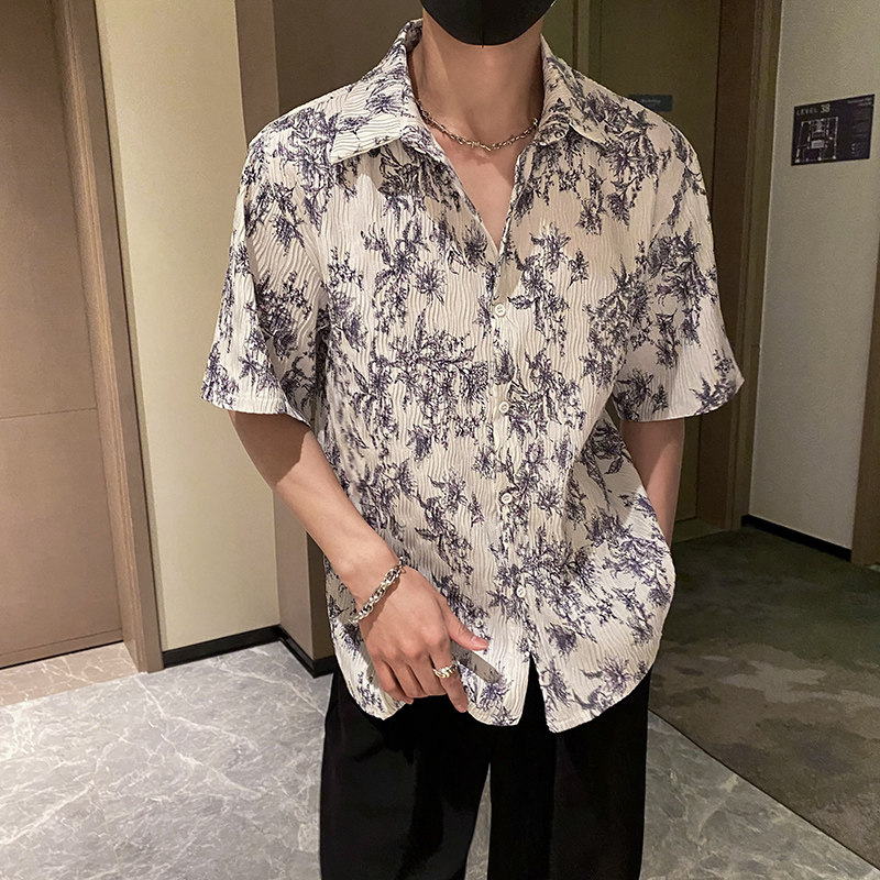 社会轻奢宽松碎花折皱花衬衫B297-2317-P55控88,男装衬衫,电商B297
