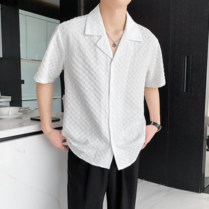 轻熟风纯色古巴领宽松格子衬衫潮牌B297-2313-P55控88图片
