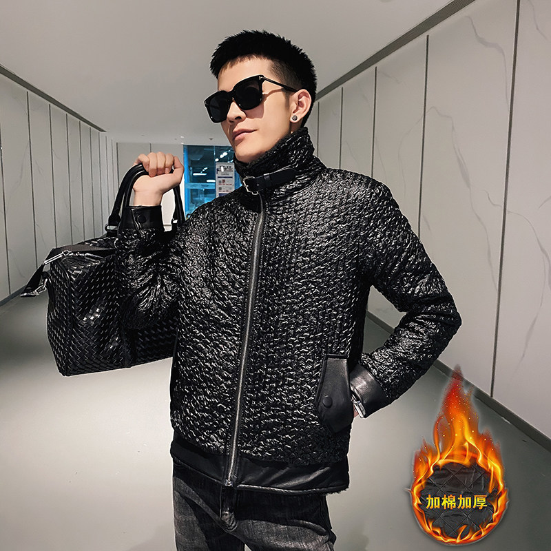 社会风新工艺压花皮质拼羊羔毛机车服棉衣B297-2816-P150控208图片