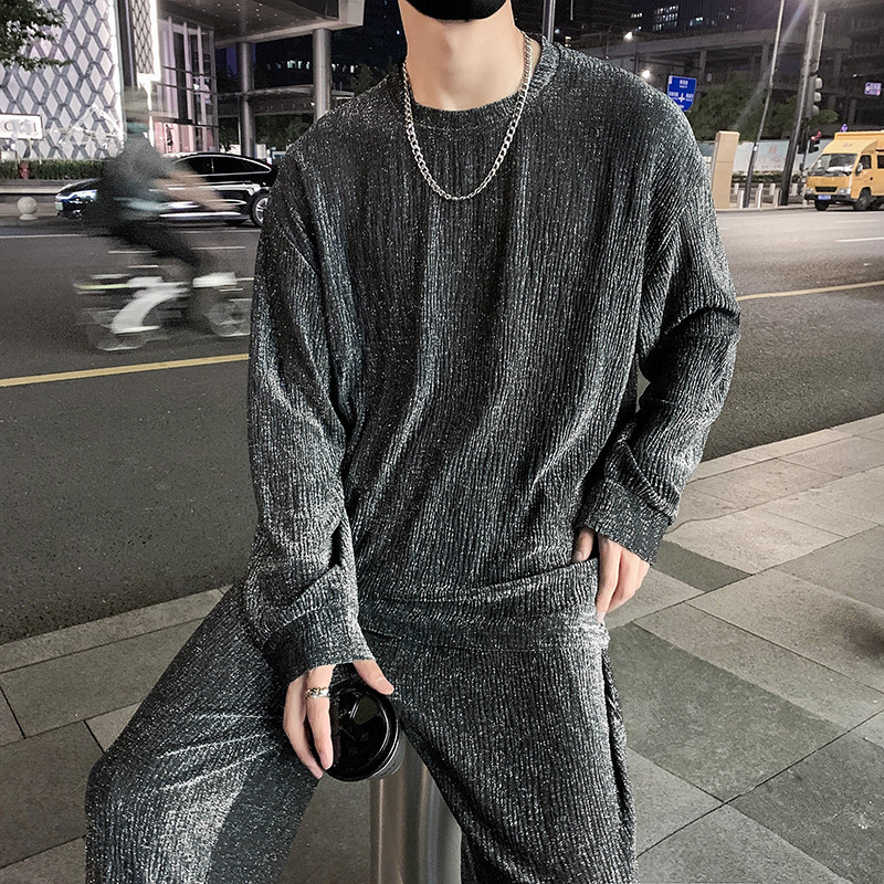 社会轻奢痞帅亮丝高弹肌理纹套头两件套装B297-290-P130控178,男装休闲套装,电商B297