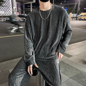 社会轻奢痞帅亮丝高弹肌理纹套头两件套装B297-290-P130控178