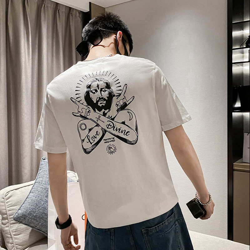 社会风纯色印花圆领修身短袖T恤B297-203-P35控58图片