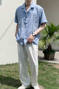 社会轻奢纯色提花古巴领衬衫痞帅B297-257-P55控88图片